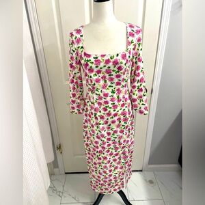 Zara Midi Dress White Floral 3/4 Sleeves and Square Neck Formal Wedding Guest